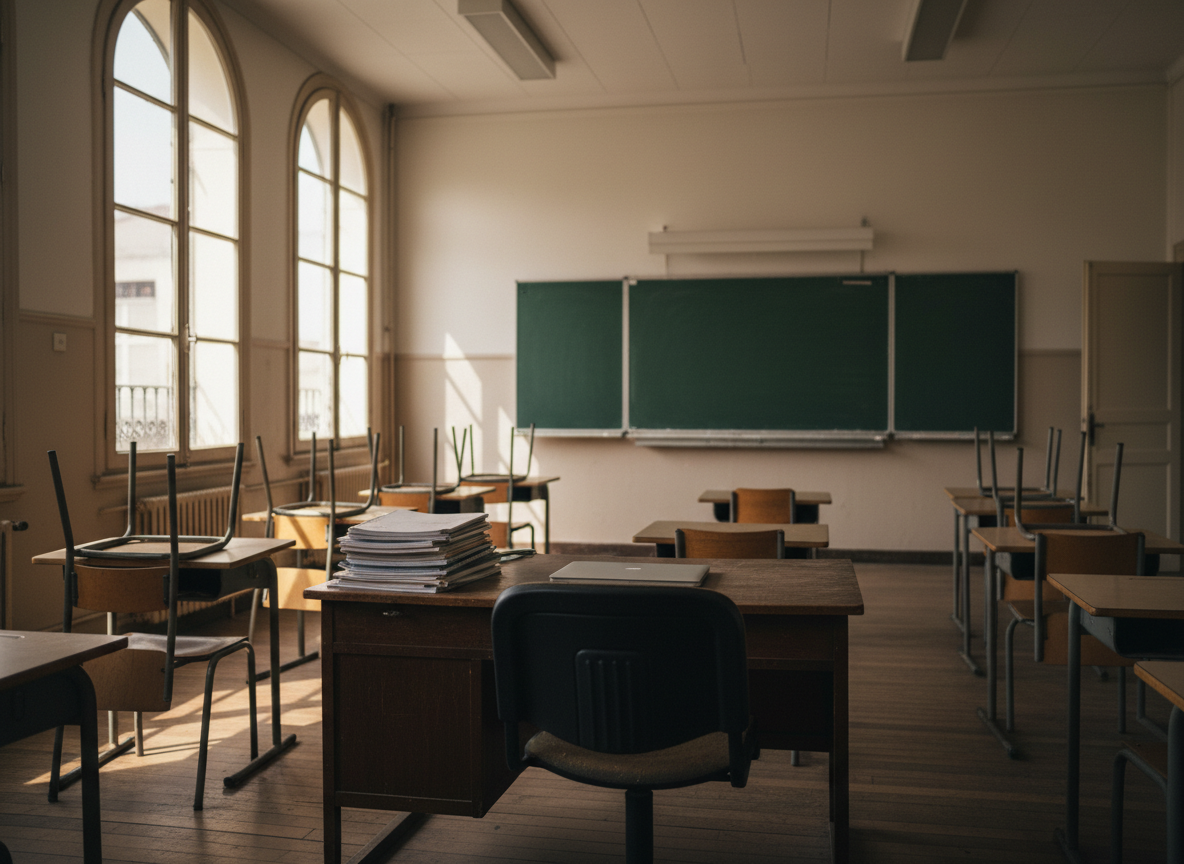 Bureau d'enseignant vide dans une salle de classe française, cahiers empilés, lumière latérale