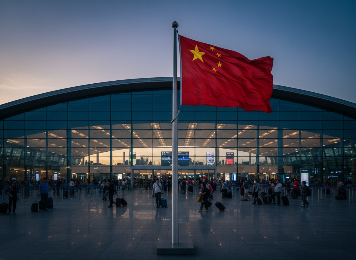 Hall d'aéroport en Chine avec drapeau national, illustration du débat sur les règles de sortie du territoire