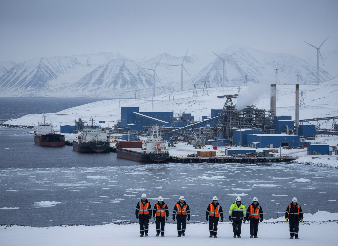 Scène réaliste de coopération industrielle UE-Canada : minerais critiques, énergie et paysage arctique, style photojournalistique