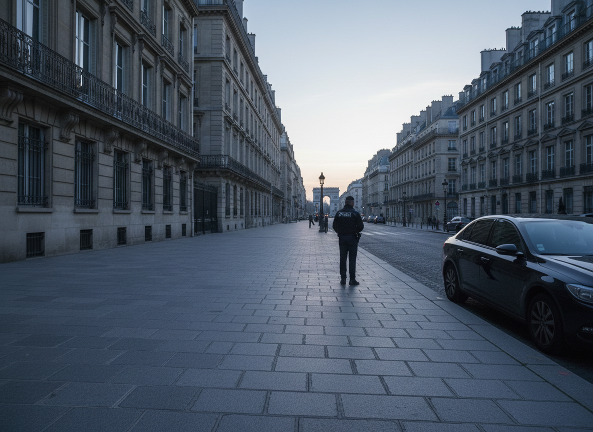 Avenue parisienne à l'aube, silhouette floue d'un policier de dos, véhicule de police générique.