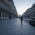 Avenue parisienne a l'aube, silhouette floue d'un policier de dos, vehicule de police generique.