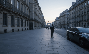 Avenue parisienne a l'aube, silhouette floue d'un policier de dos, vehicule de police generique.