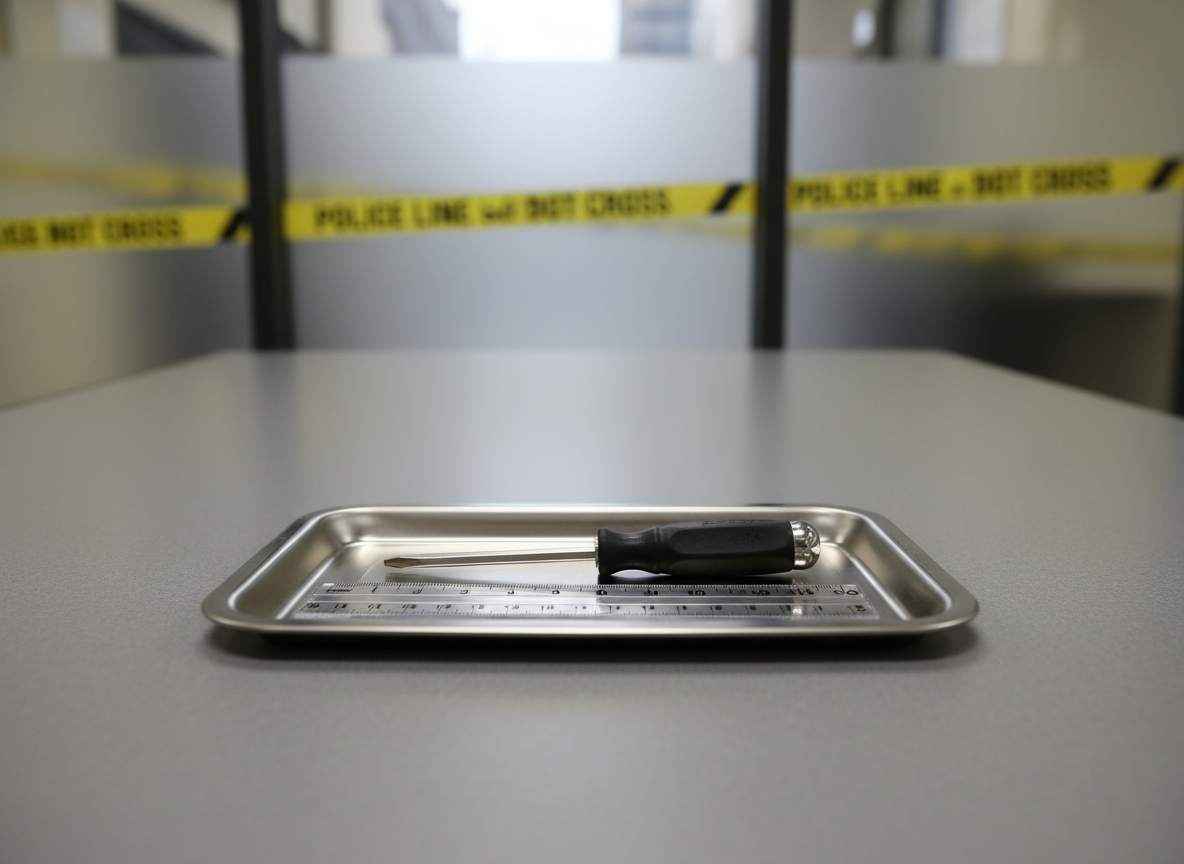Tournevis cruciforme posé sur une table d'enquête symbolique, sans personne ni violence.