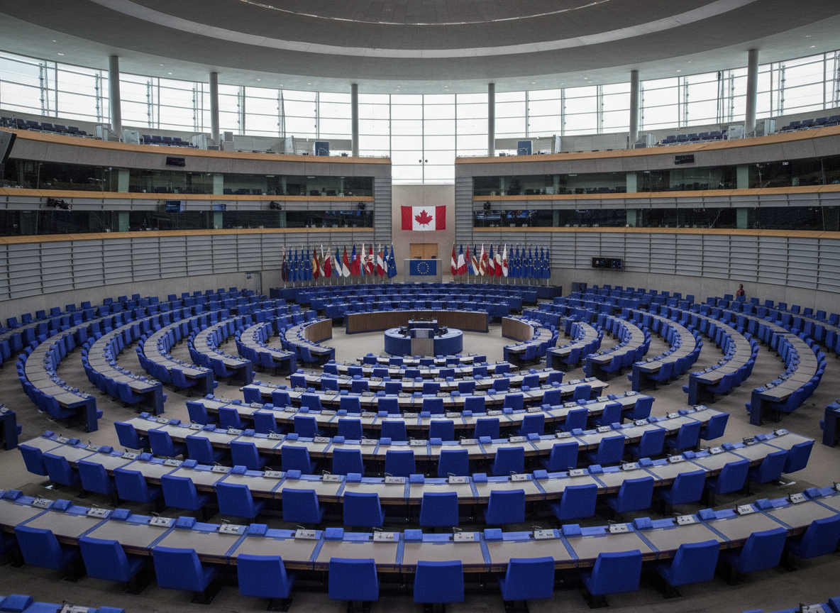 Hémicycle du Parlement européen à Strasbourg, drapeaux de l'Union européenne et du Canada, ambiance diplomatique lors d'un discours sur l'état de l'Union