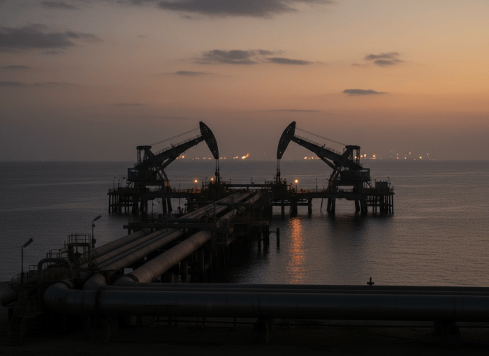 Terminal pétrolier et oléoducs au crépuscule — illustration éditoriale
