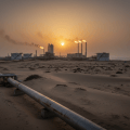 Terminal pétrolier et oléoduc en milieu désertique au crépuscule