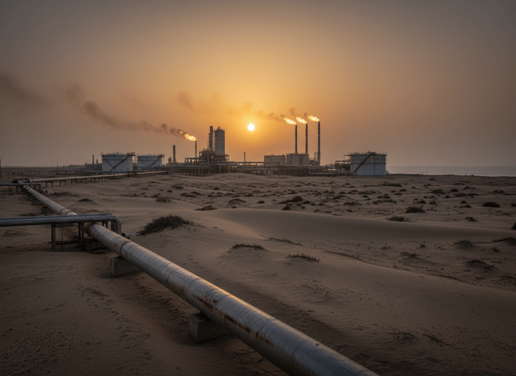 Terminal pétrolier et oléoduc en milieu désertique au crépuscule