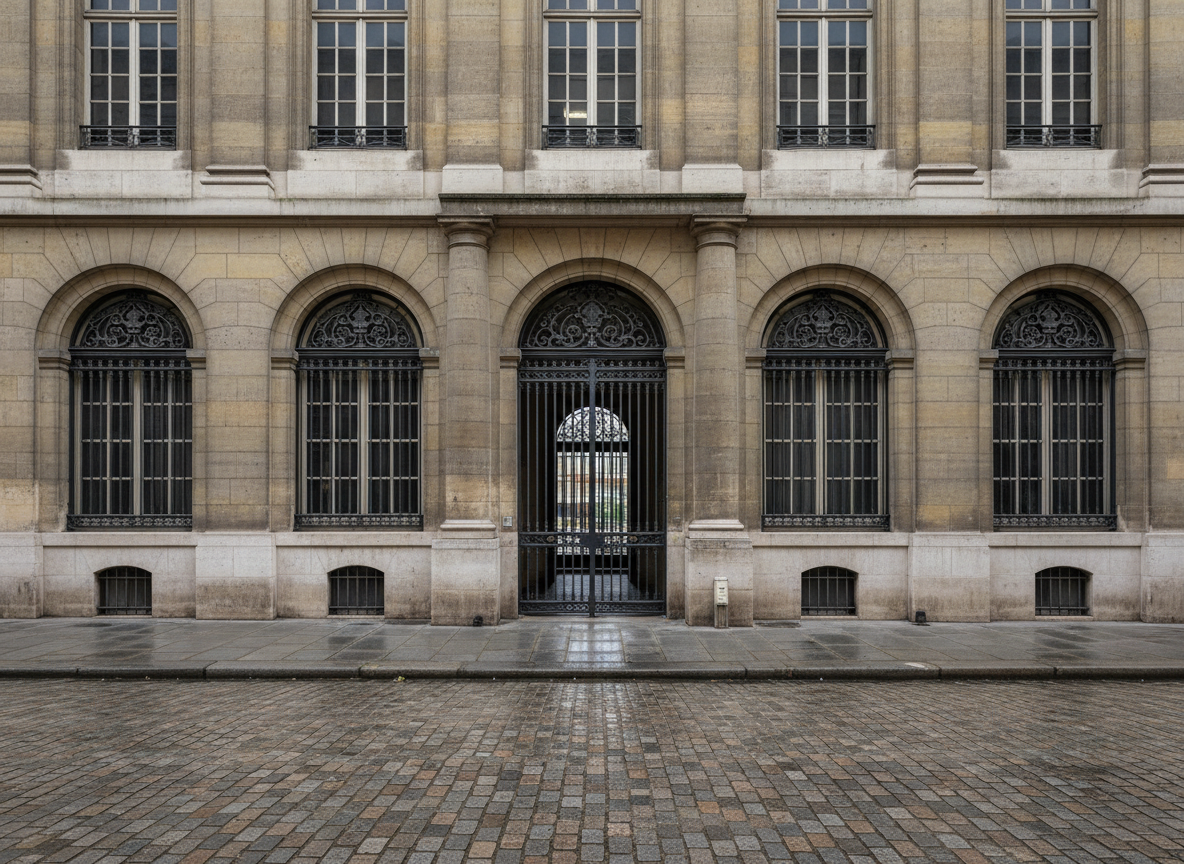 Vue extérieure sobre d'un bâtiment de justice parisien, style photojournalisme
