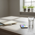 Smartphone d’adolescent sur une table de cuisine, à côté de cahiers scolaires, écran flou évoquant un fil d’actualité