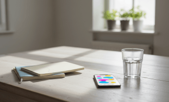 Smartphone d’adolescent sur une table de cuisine, à côté de cahiers scolaires, écran flou évoquant un fil d’actualité