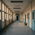 Couloir vide d'un collège français, tables et chaises, lumière du jour, ambiance documentaire