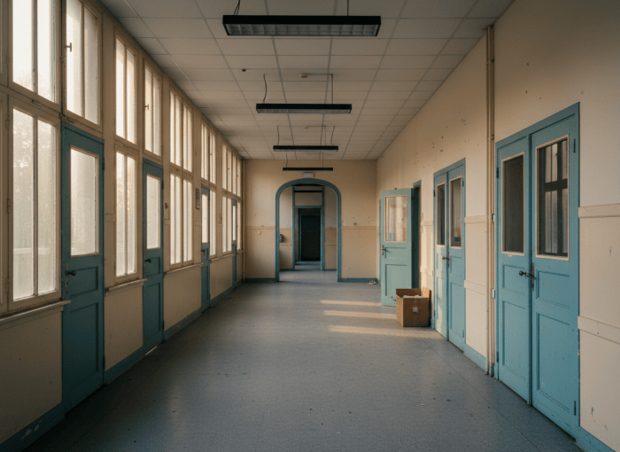 Couloir vide d'un collège français, tables et chaises, lumière du jour, ambiance documentaire