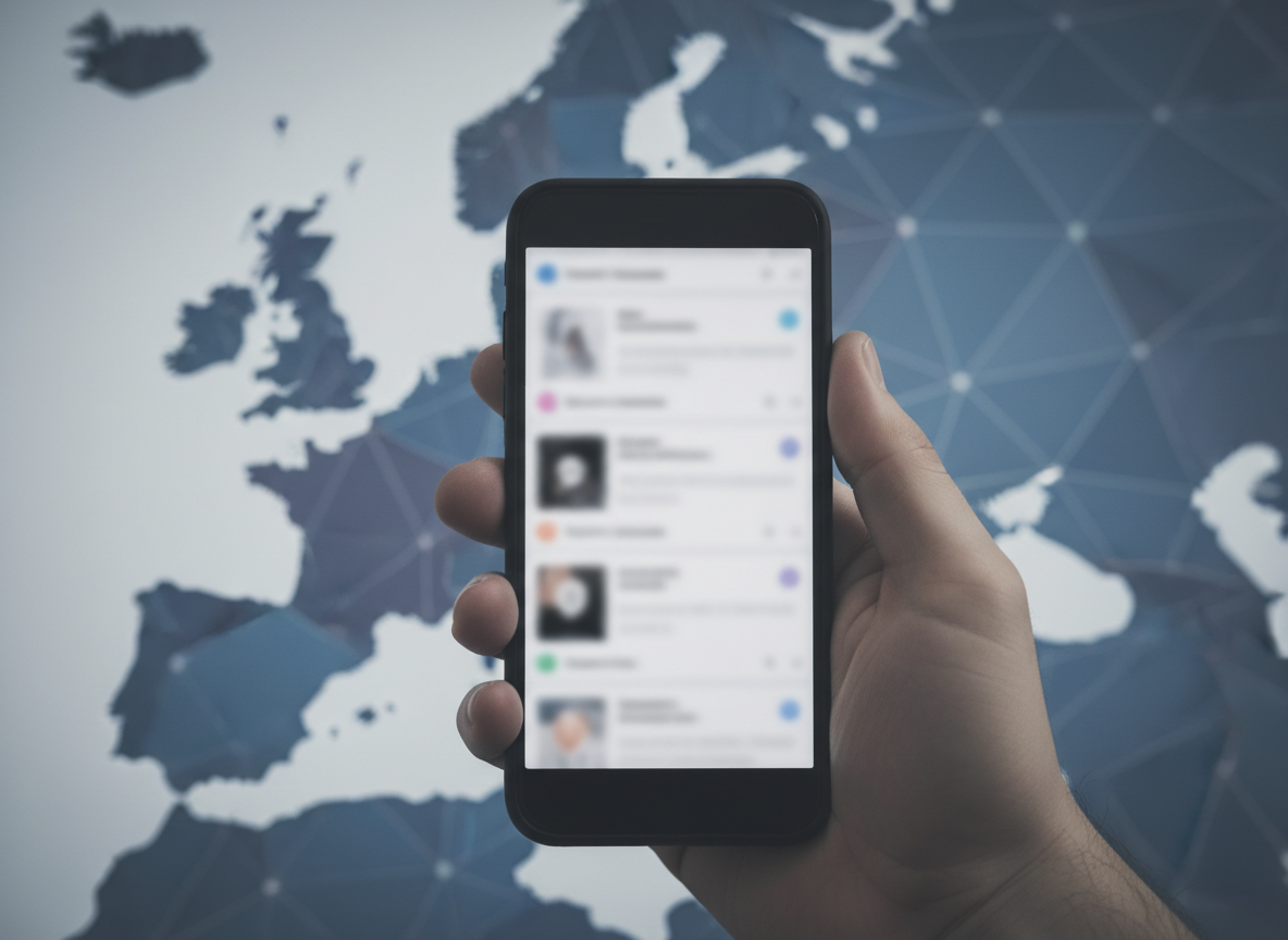 Smartphone tenu dans une main montrant un fil d’actualité abstrait flou, carte Europe stylisée sans labels en arrière-plan