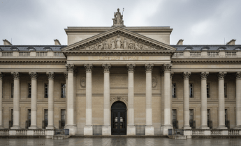 Façade du Palais de justice de Paris sous une lumière naturelle, ambiance judiciaire sérieuse de photojournalisme