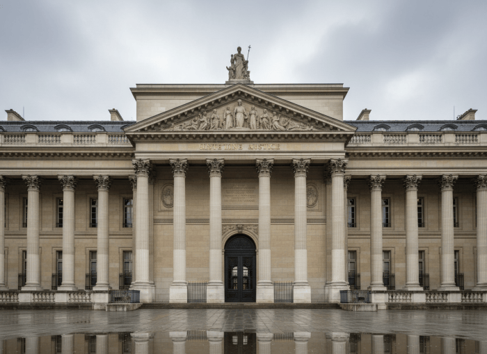 Façade du Palais de justice de Paris sous une lumière naturelle, ambiance judiciaire sérieuse de photojournalisme